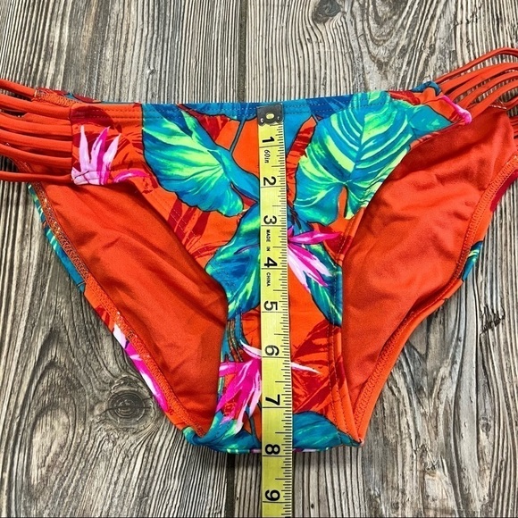 XHILARATION Red Tropical Print Bikini Bottom Blue Green Leaves Strappy Sides - Picture 6 of 8